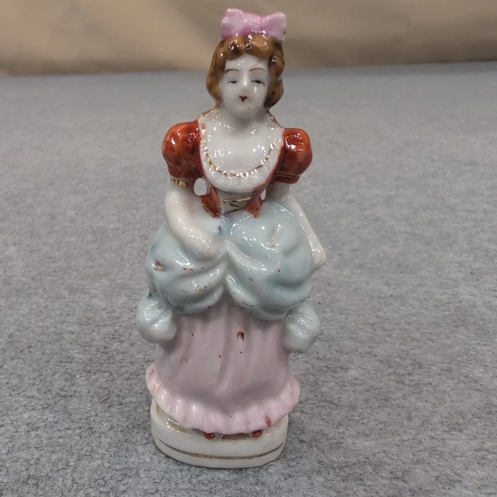 Vintage Porcelain Victorian Lady Figurine Japan Woman Dress Bow Hair Collectible - Picture 1 of 3